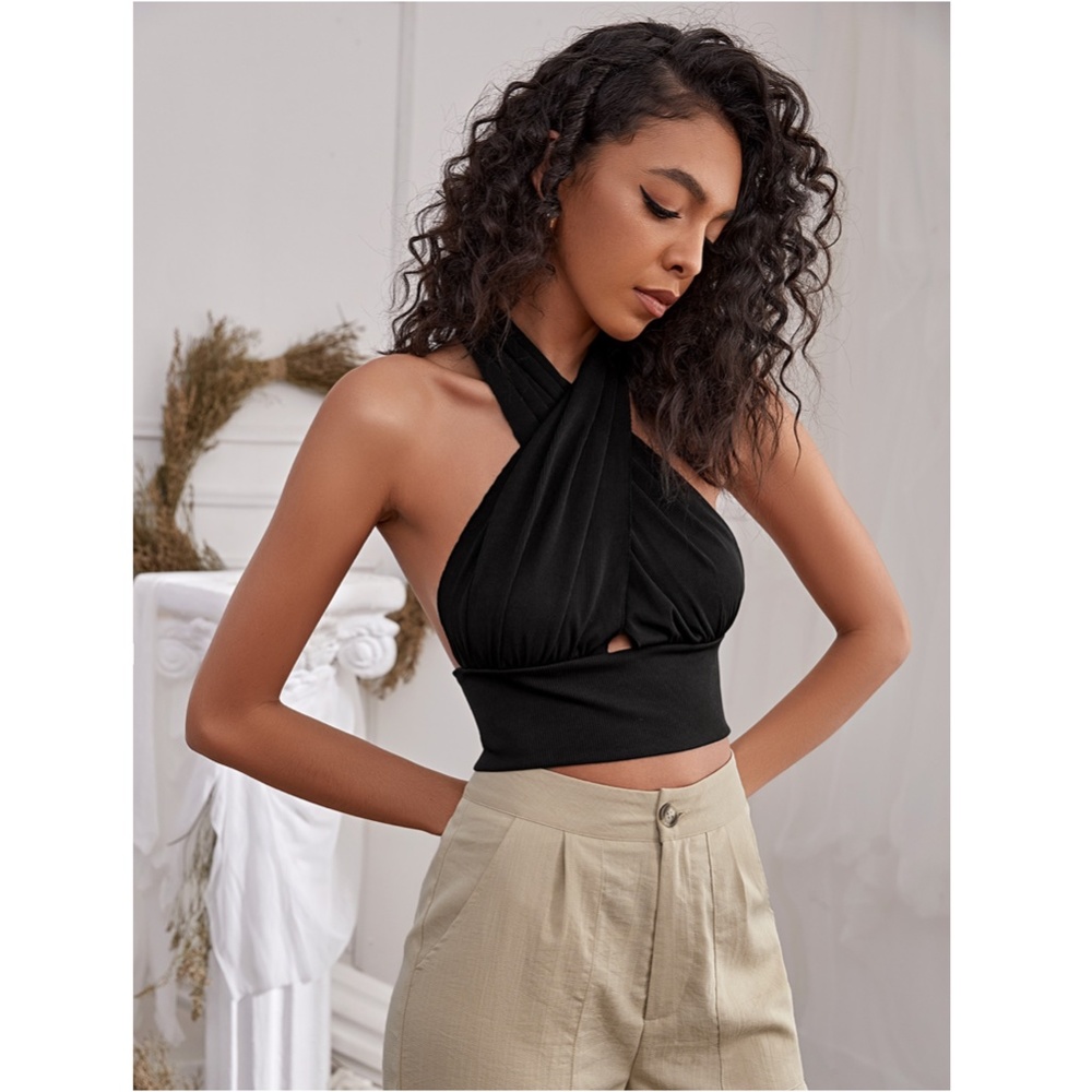 Criss Cross Black Rib Knit Crop Halter Top - Picture 4 of 6